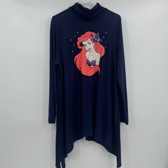 Disney Princess Top Women 2X Ariel Blue Long Sleeve Turtleneck Pearls Sequins - Picture 1 of 12